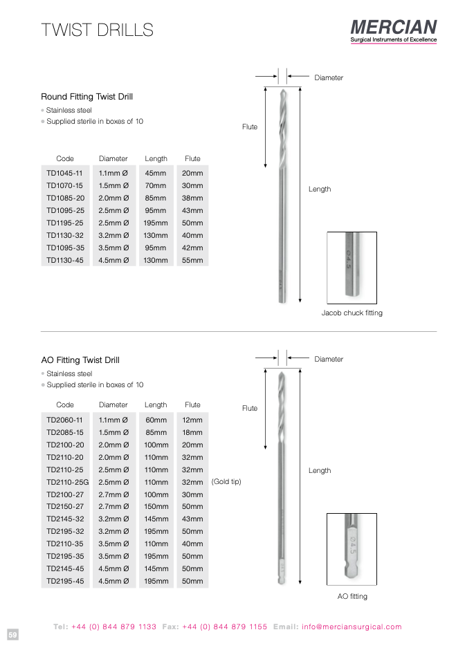 Mercian Sterile Twist Drills, Kirschner Wires & Threaded Pins